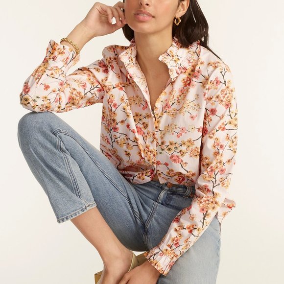 J. Crew Tops - NWOT J. Crew Classic Fit Ruffle Neck Shirt in Cherry Blossoms